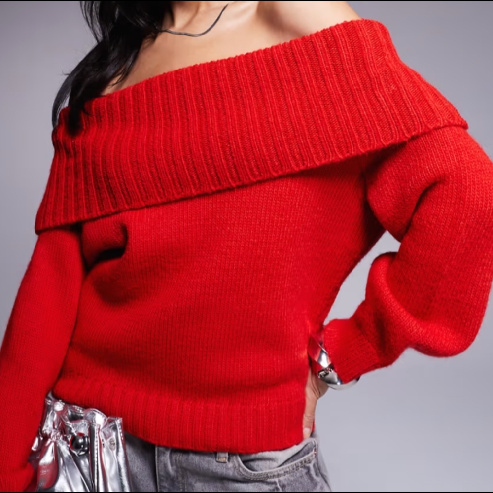 Bold Red Off-Shoulder Sweater with Chunky Collar